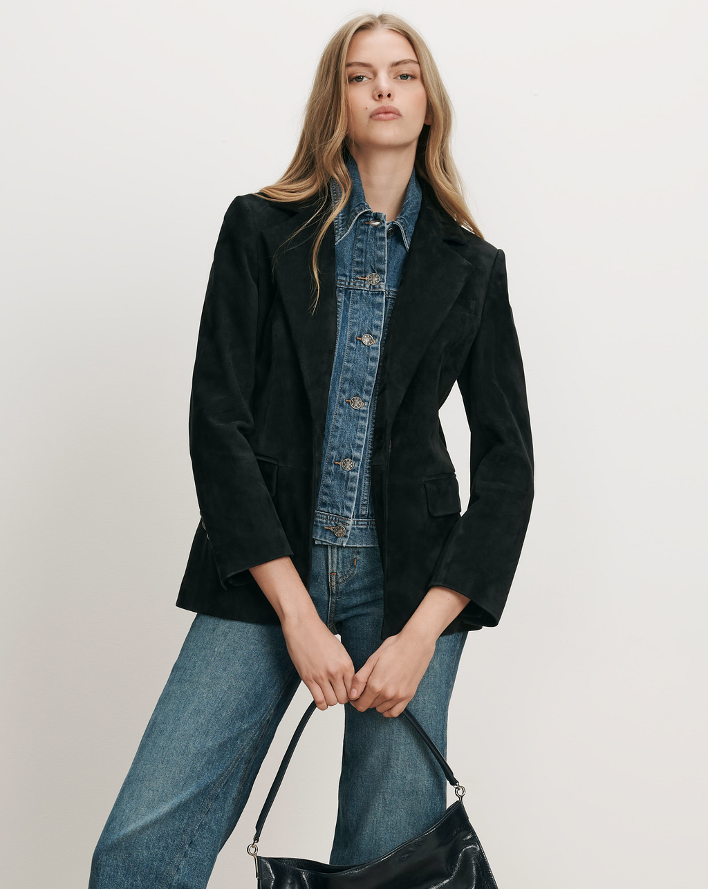 Veronica Beard Black suede blazer with a single button closure.