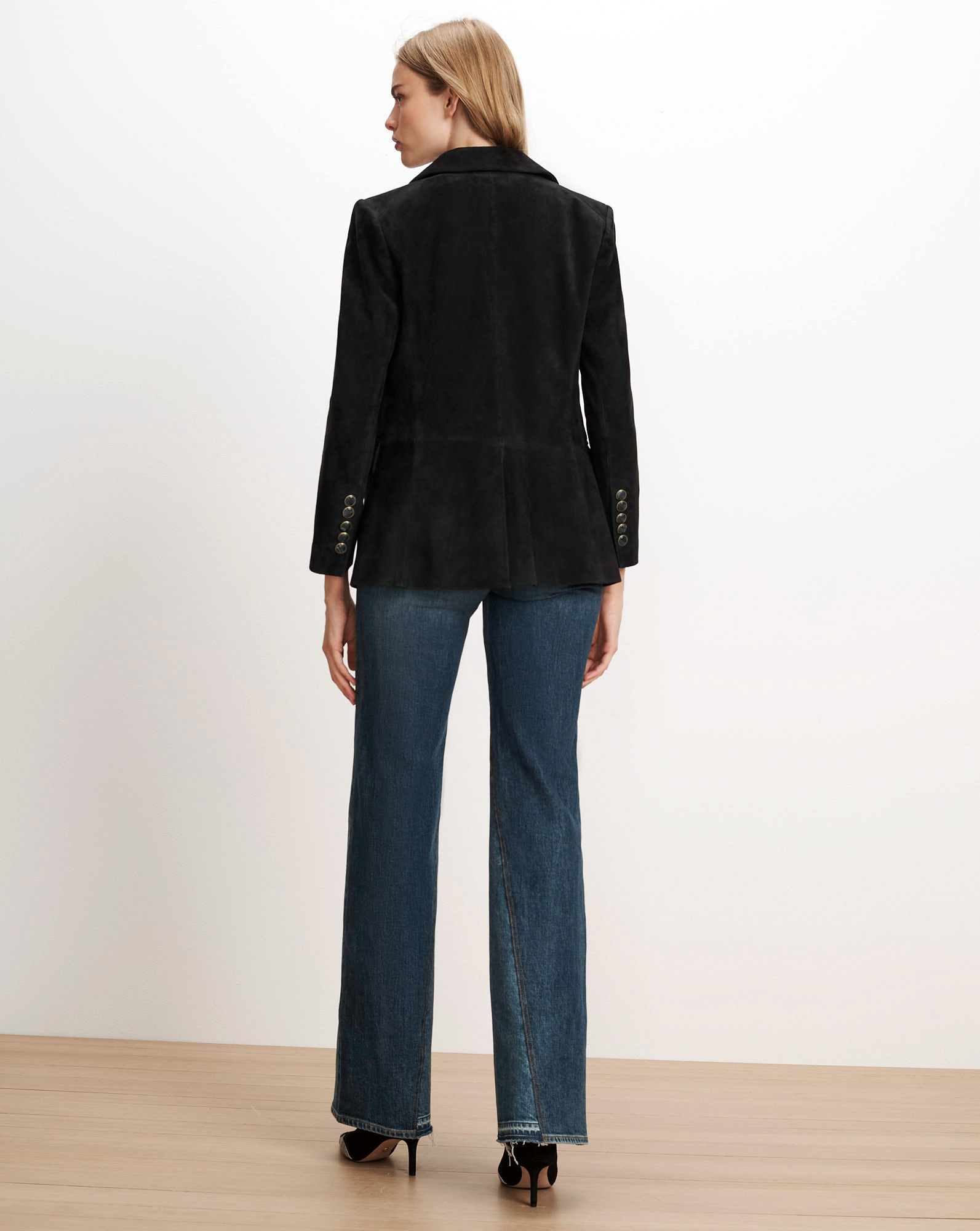 Veronica Beard Black suede blazer with three-button cuffs.