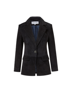 Veronica Beard Black suede blazer with single turquoise button.