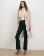 Veronica Beard Beige wool blend coat, cream sweater, dark wash jeans