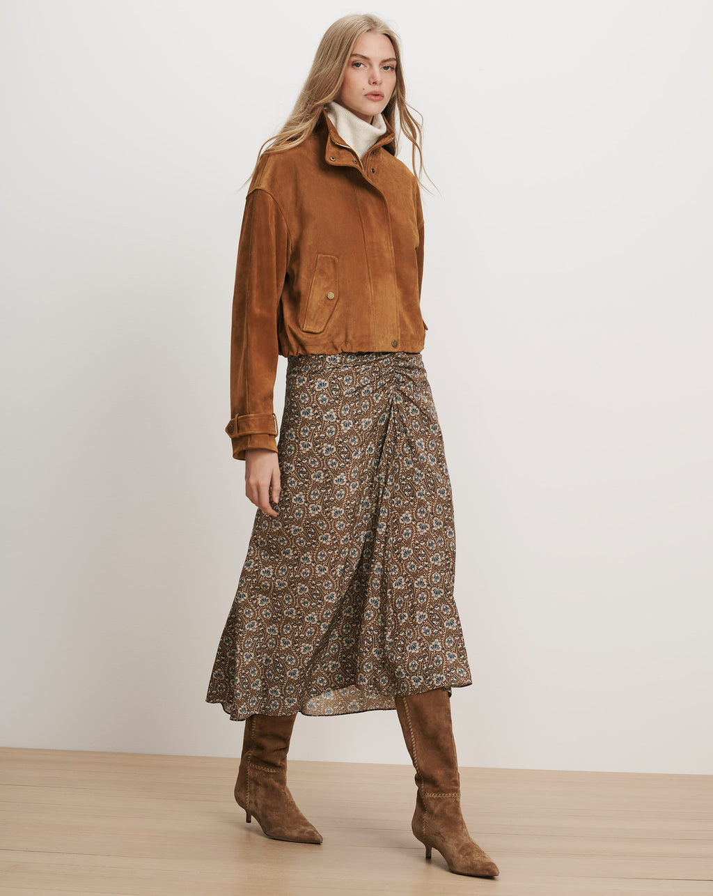 Veronica Beard Brown suede jacket, floral midi skirt, and brown boots.