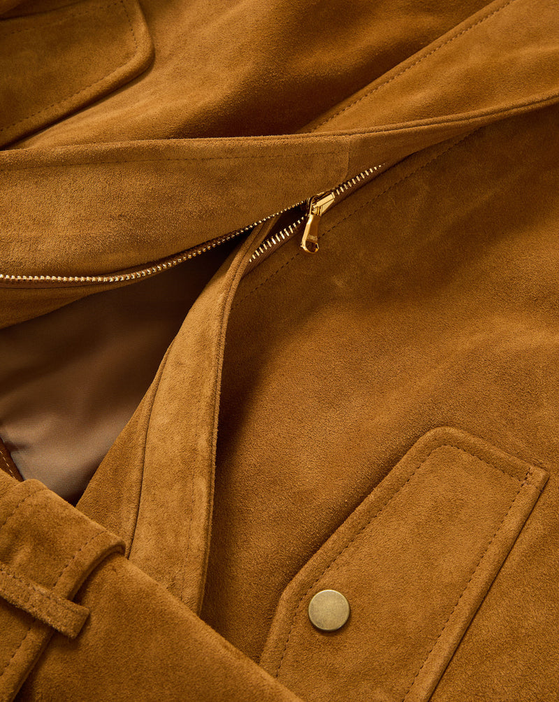 Veronica Beard Brown suede jacket with gold zipper and button.