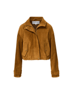 Veronica Beard Brown suede cropped bomber jacket with zipper.