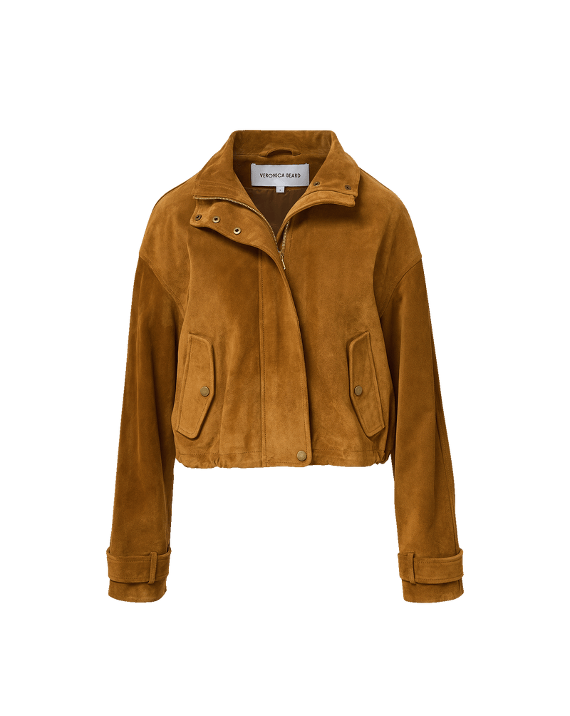 Veronica Beard Brown suede cropped bomber jacket with zipper.