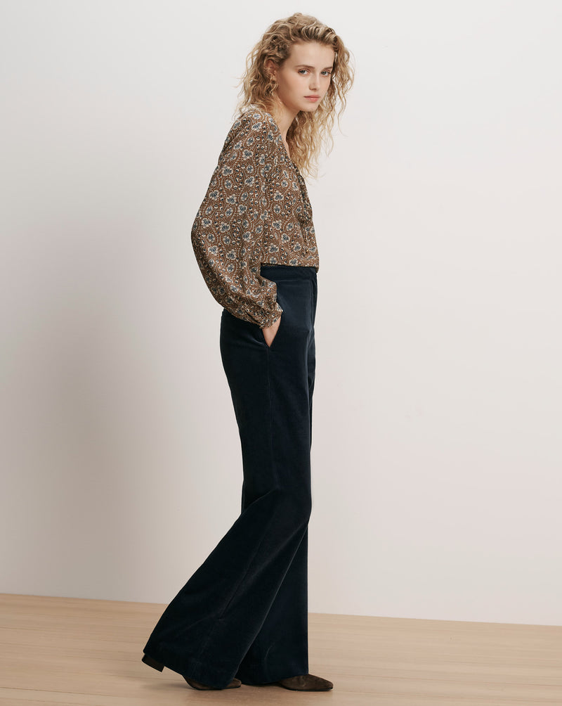 Veronica Beard Brown floral blouse and navy corduroy pants