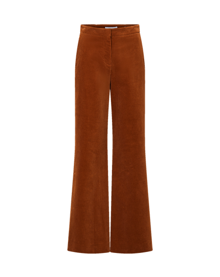 Veronica Beard Brown corduroy wide-leg pants and striped button-up shirt.