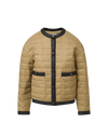 Veronica Beard Tan quilted puffer jacket with black trim and buttons.