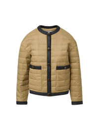 Veronica Beard Tan quilted puffer jacket with black trim and buttons.