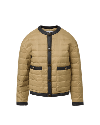 Veronica Beard Tan quilted puffer jacket with black trim and buttons.