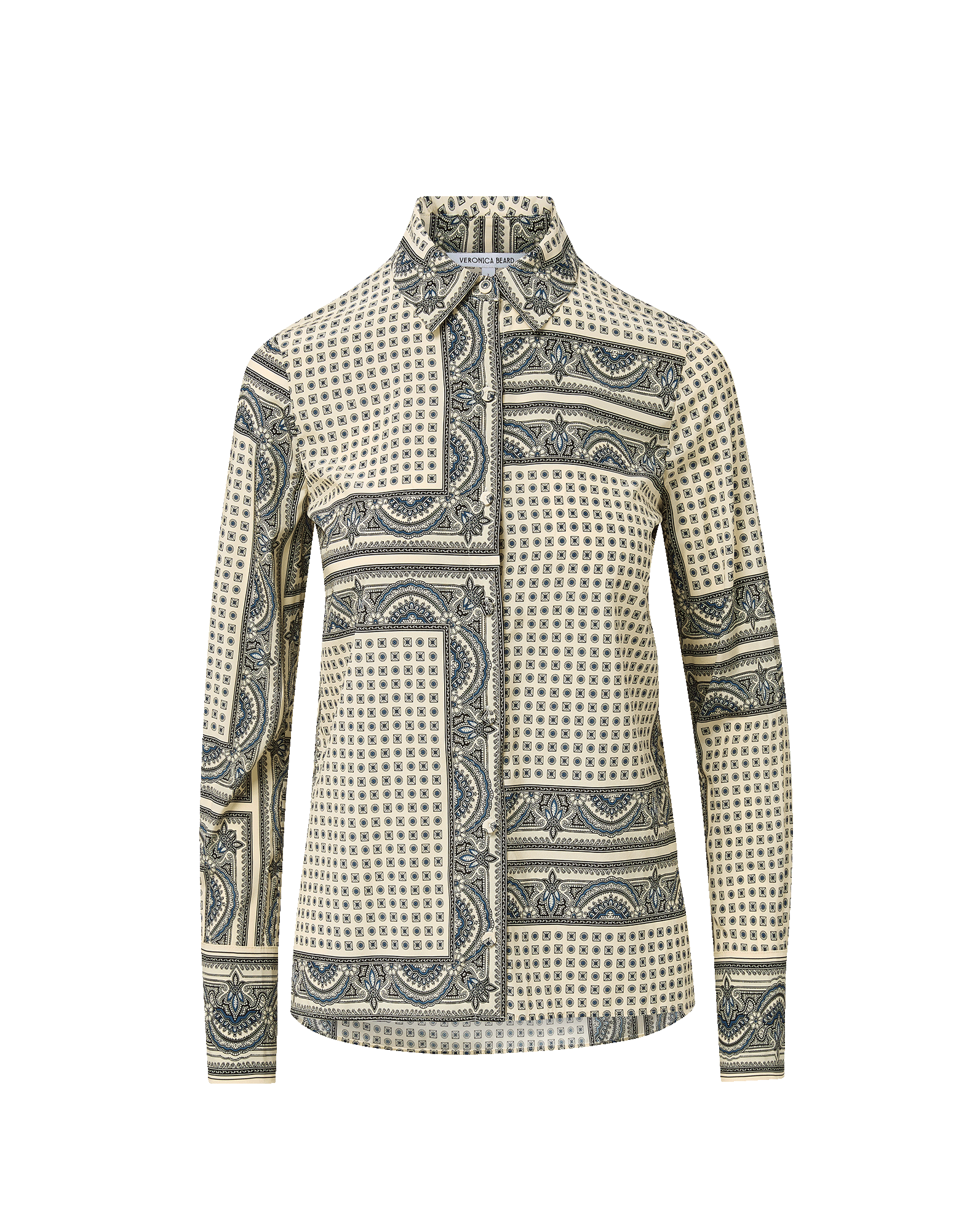Veronica Beard Cream and blue patterned long-sleeve button-up shirt.