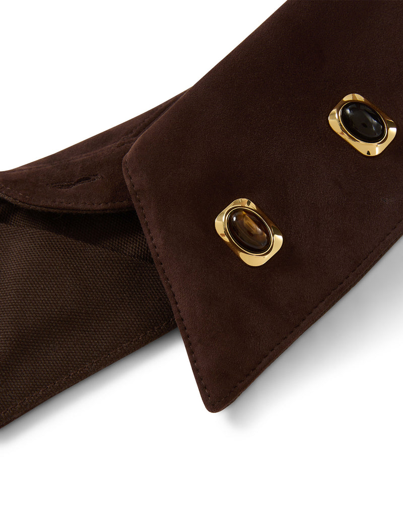 Veronica Beard Brown suede shirt cuff with gold and tiger's eye cufflinks.
