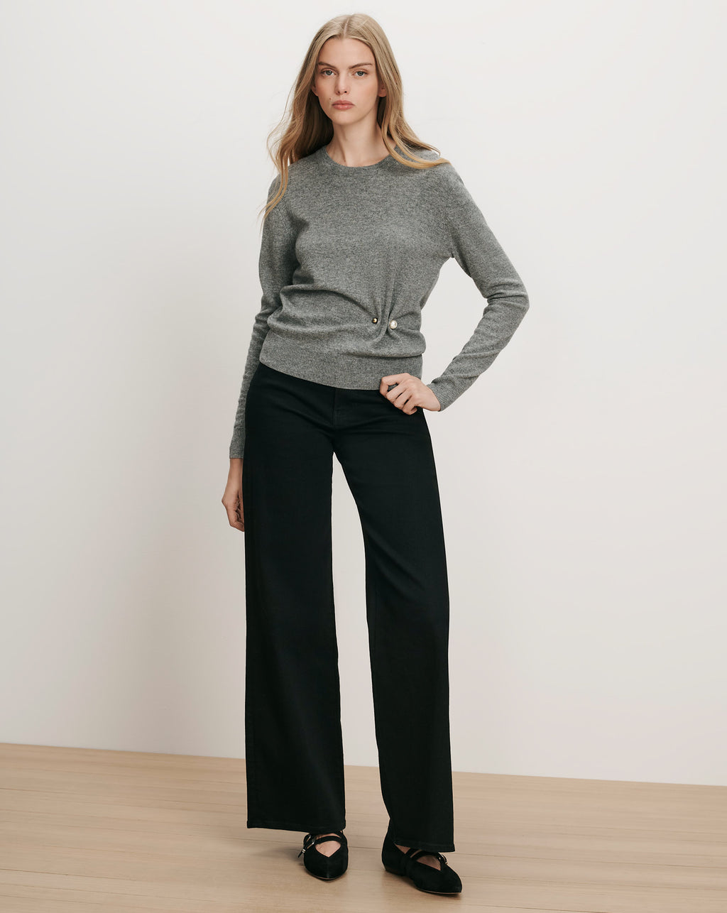 Veronica Beard Gray knit sweater, black wide-leg pants