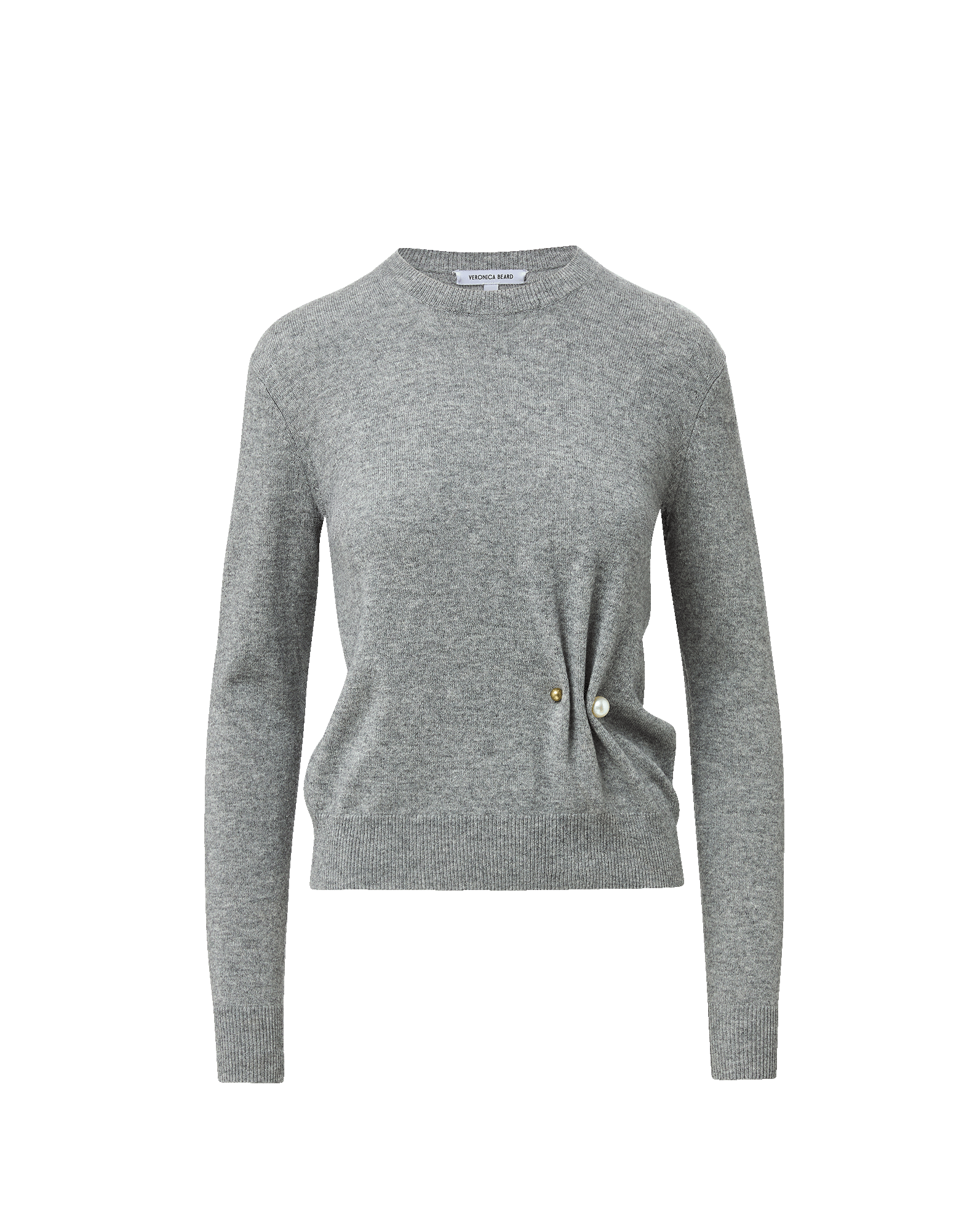 Veronica Beard Gray crewneck sweater with pearl button detail.