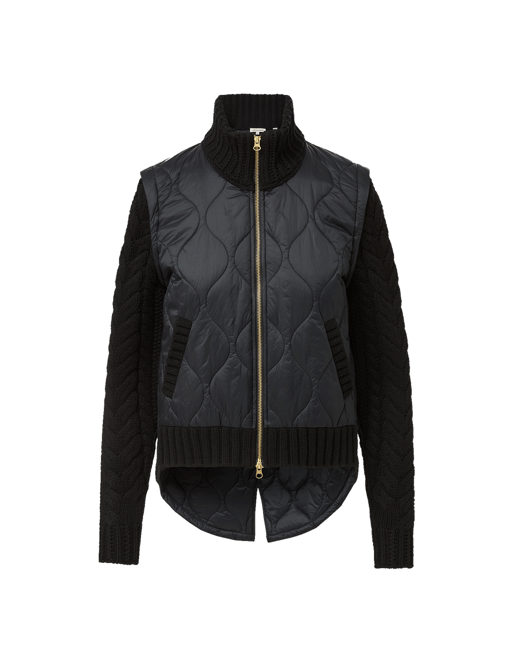 Veronica Beard Black quilted puffer vest with knit sleeves.