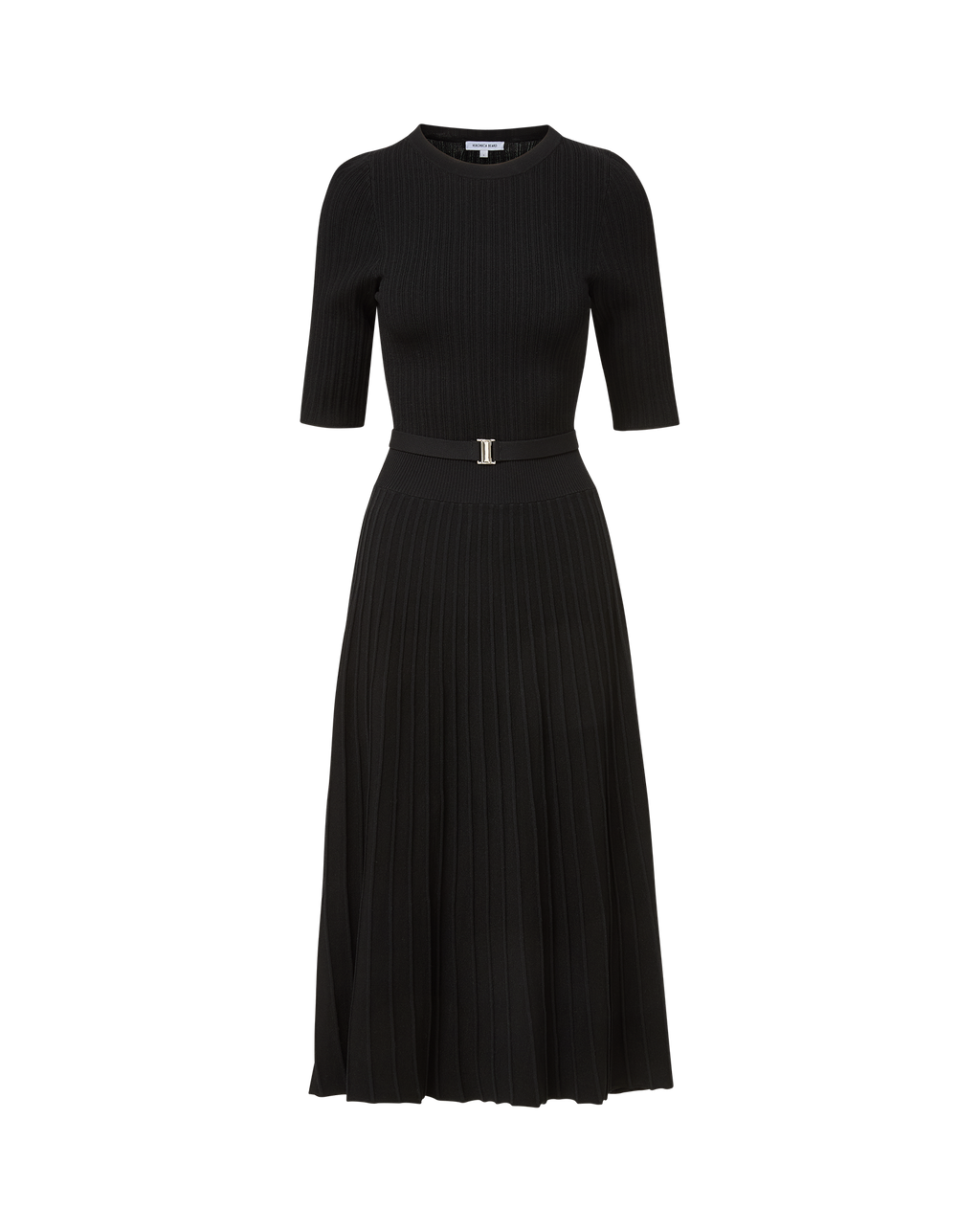 Veronica Beard Black ribbed knit midi dress with pleated skirt and gold buckle.