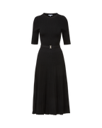 Veronica Beard Black ribbed knit midi dress with pleated skirt and gold buckle.