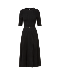 Veronica Beard Black ribbed knit midi dress with pleated skirt and gold buckle.