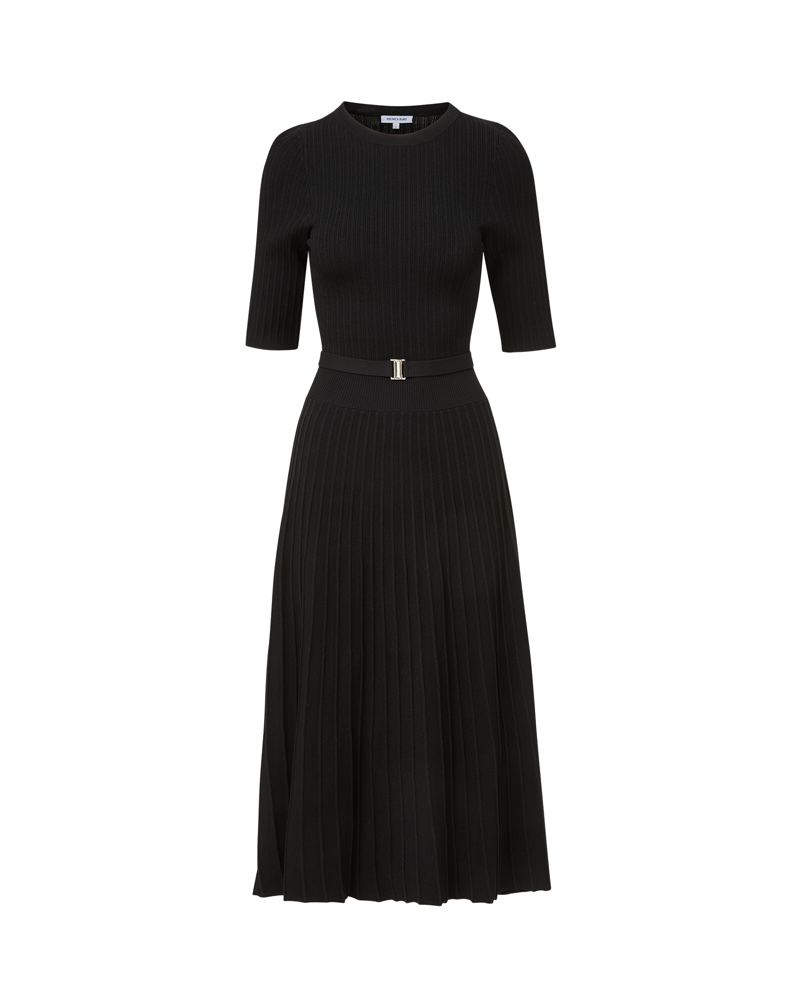 Veronica Beard Black ribbed knit midi dress with pleated skirt and gold buckle.