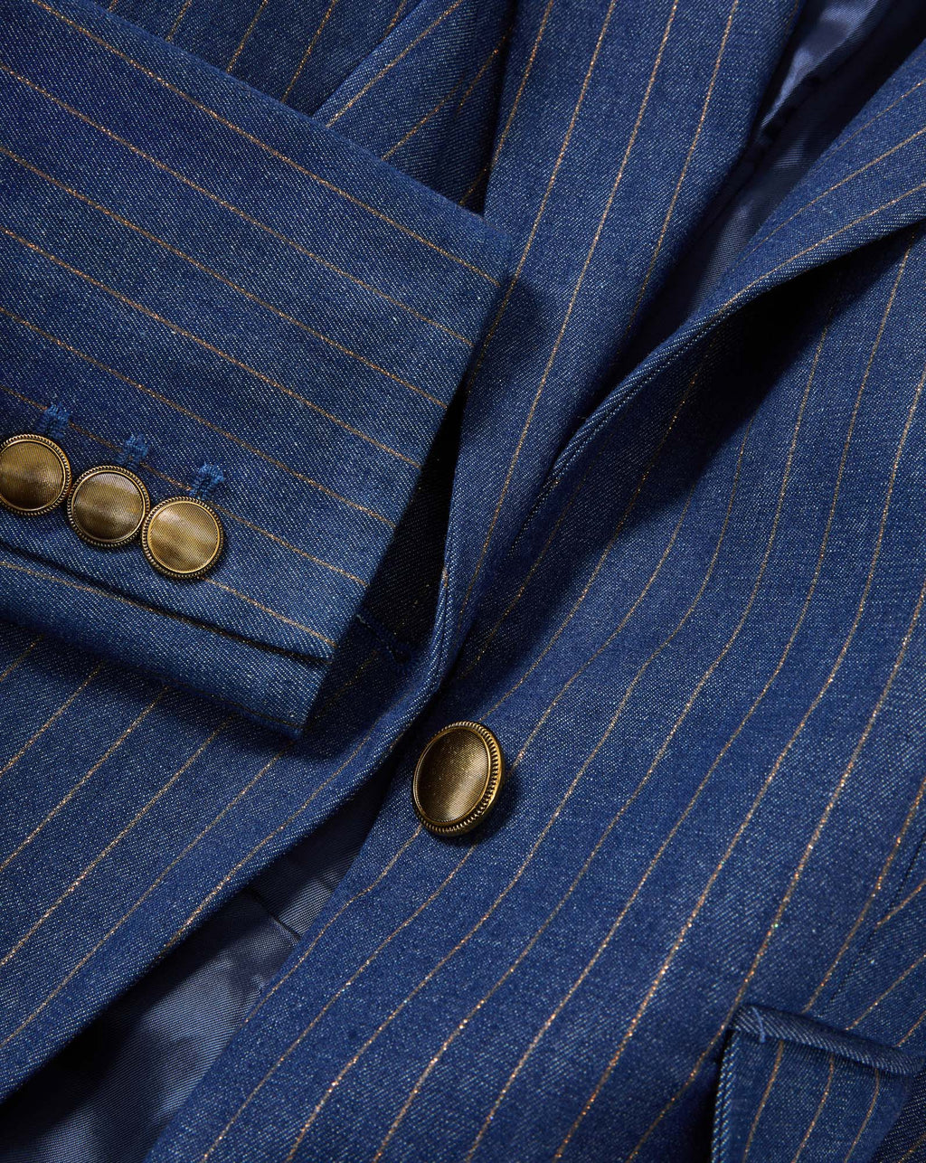 Veronica Beard Blue pinstripe blazer with gold buttons.