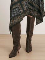 Veronica Beard Brown suede knee-high boot with kitten heel.