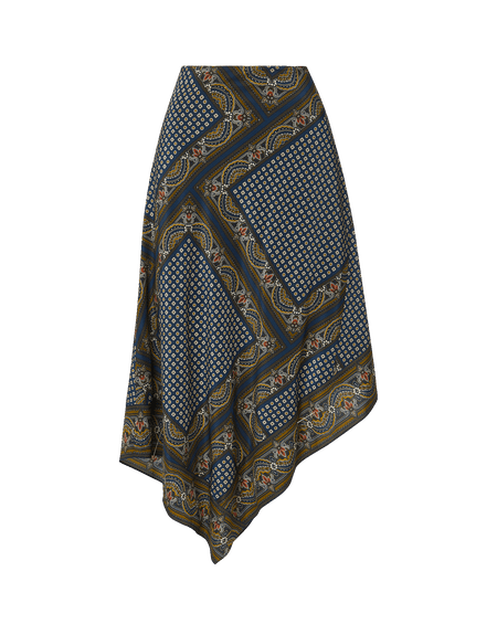 Veronica Beard Black ribbed turtleneck, patterned handkerchief hem skirt, brown suede boots.