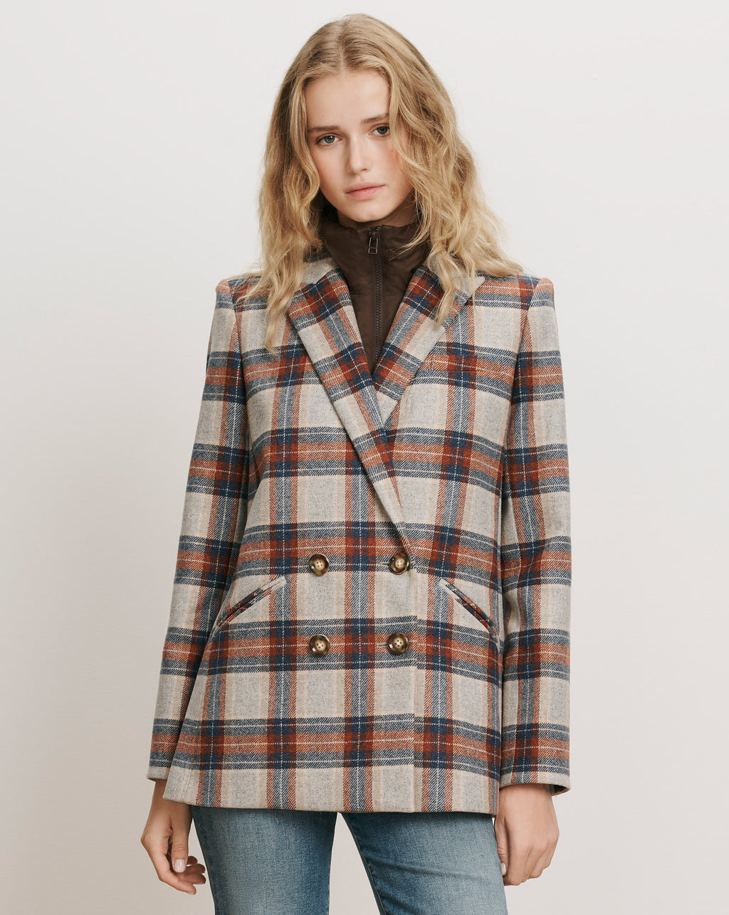 Veronica Beard Plaid double-breasted blazer with gold buttons.