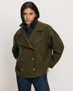 Veronica Beard Olive green wool pea coat with gold buttons.