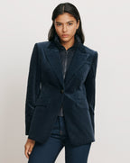 Veronica Beard Navy corduroy blazer with a black quilted inner layer.