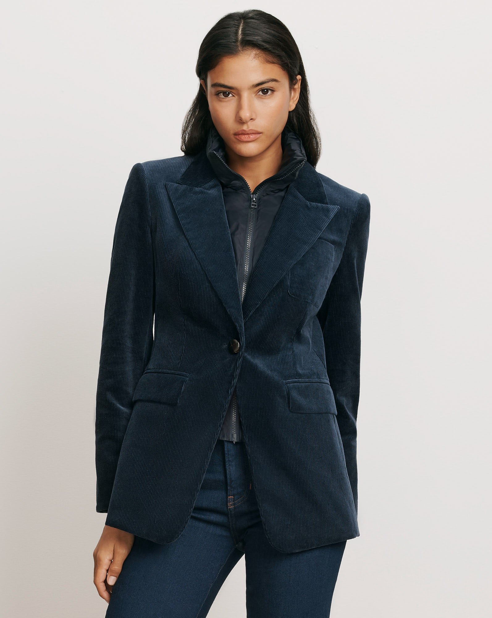 Veronica Beard Navy corduroy blazer with a black quilted inner layer.