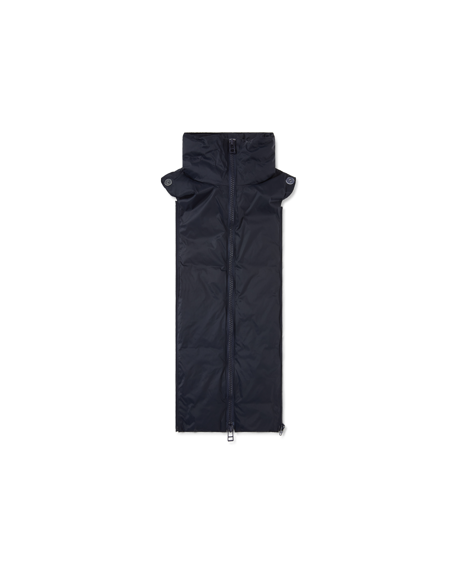 Veronica Beard Navy quilted nylon scarf with high collar and zipper.