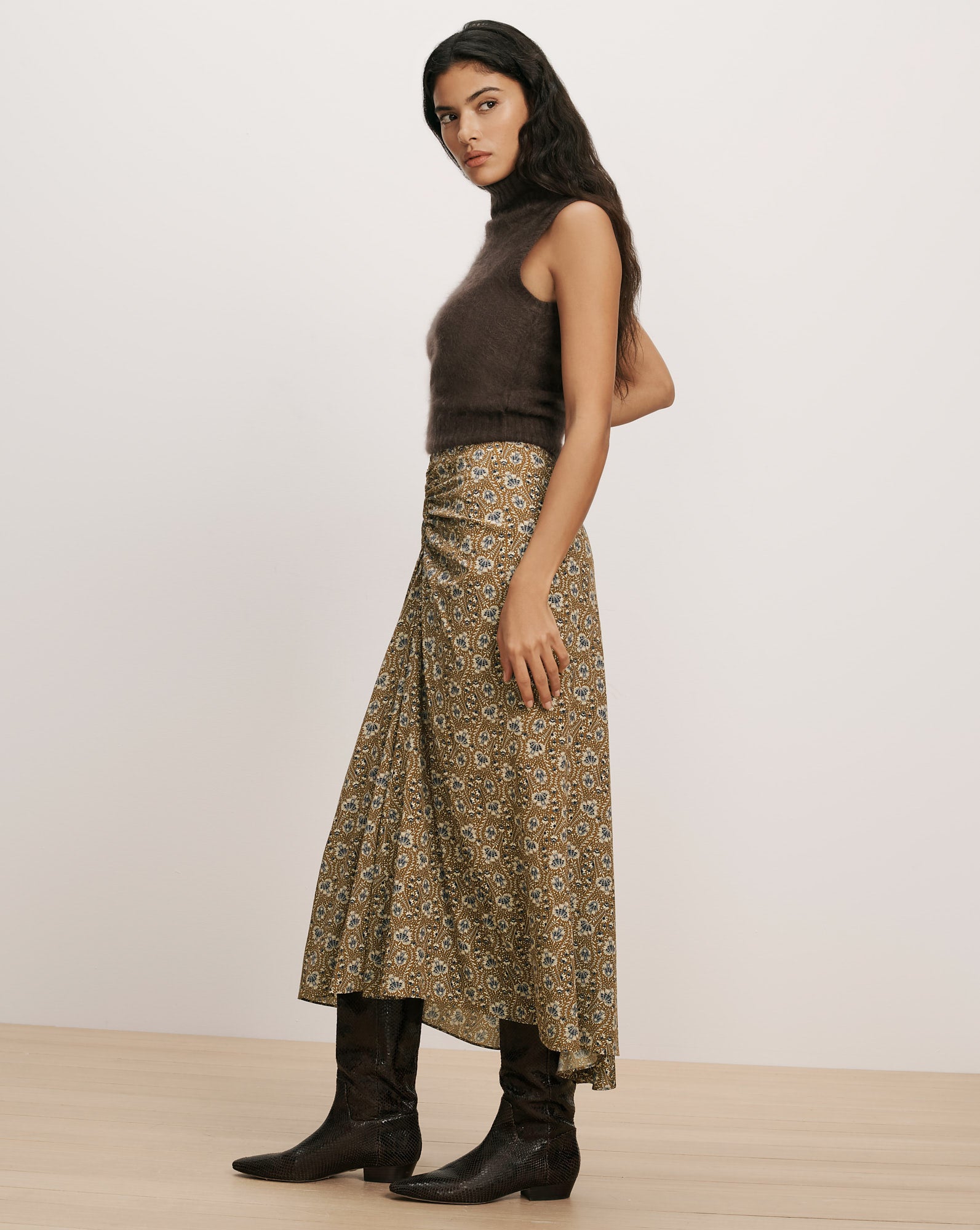 Limani Floral Midi Skirt in Tan & Blue Acorn Multi | Veronica Beard