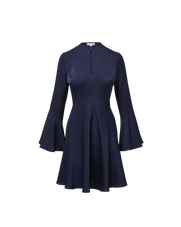 Veronica Beard Navy bell-sleeve mini dress with high neck.