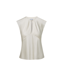 Veronica Beard Cream satin sleeveless top with keyhole neckline.