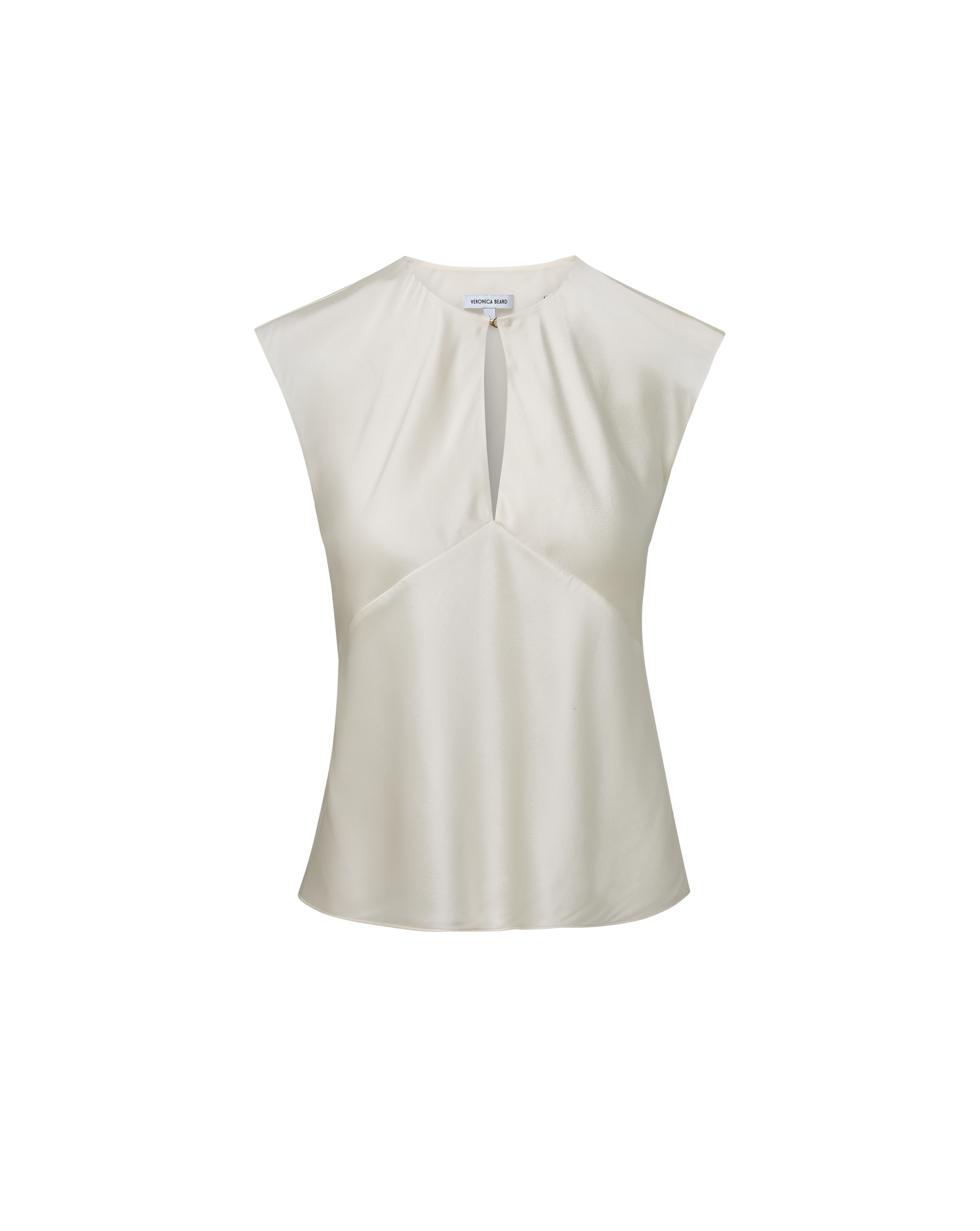 Veronica Beard Cream satin sleeveless top with keyhole neckline.