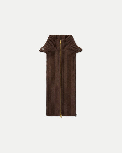 Veronica Beard Brown ribbed knit collar with gold zipper.