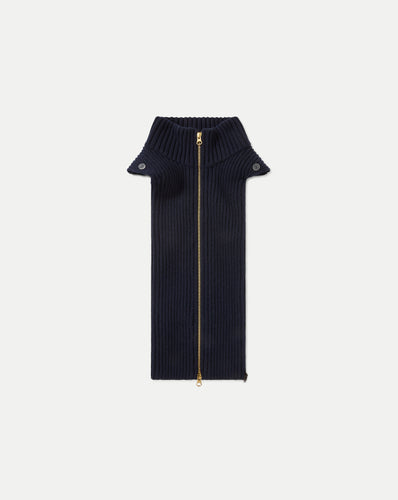 Veronica Beard Navy ribbed knit dickey with gold zipper.