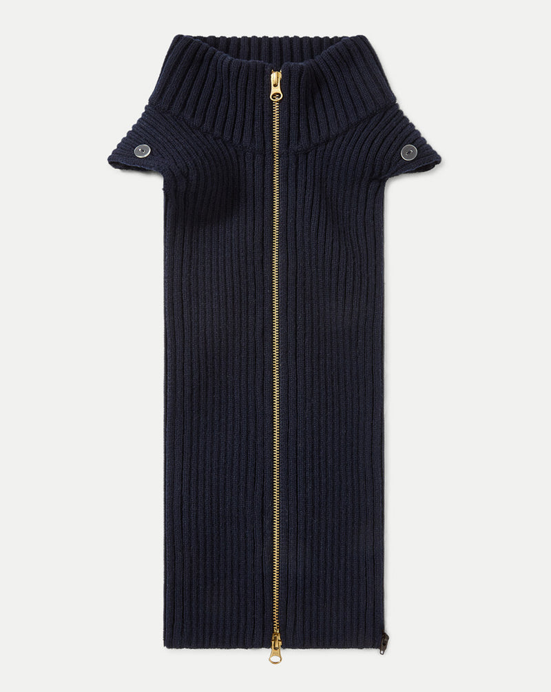 Veronica Beard Navy ribbed knit dickey with gold zipper.