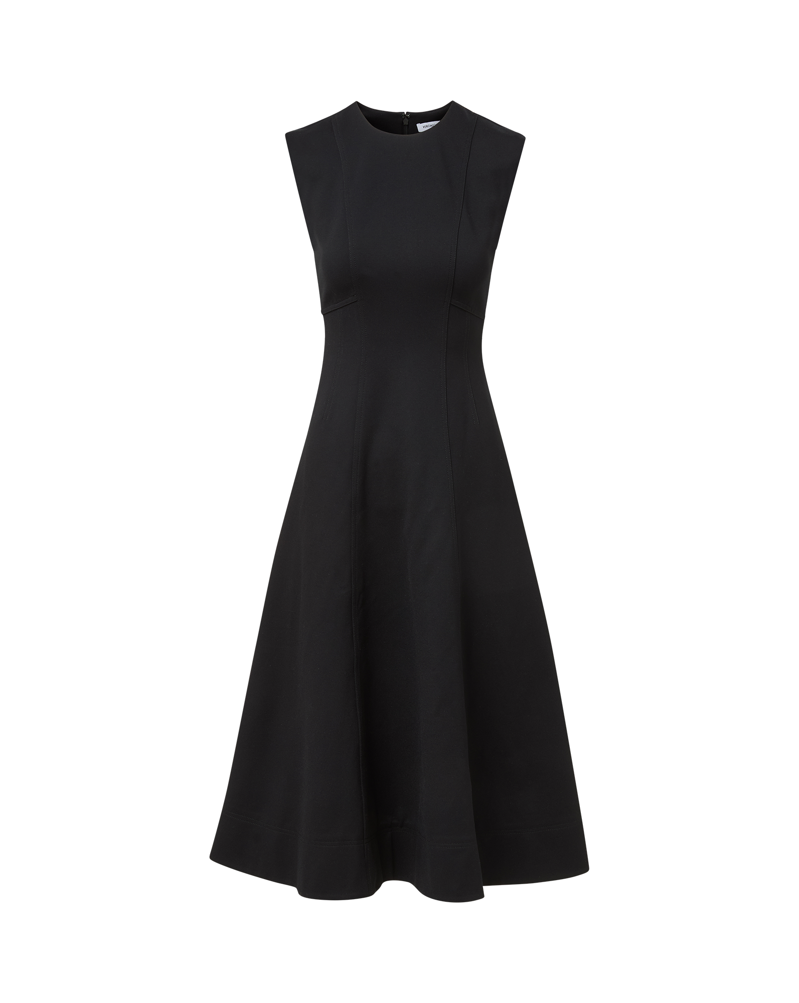 Veronica Beard Black sleeveless midi dress with a flared skirt.