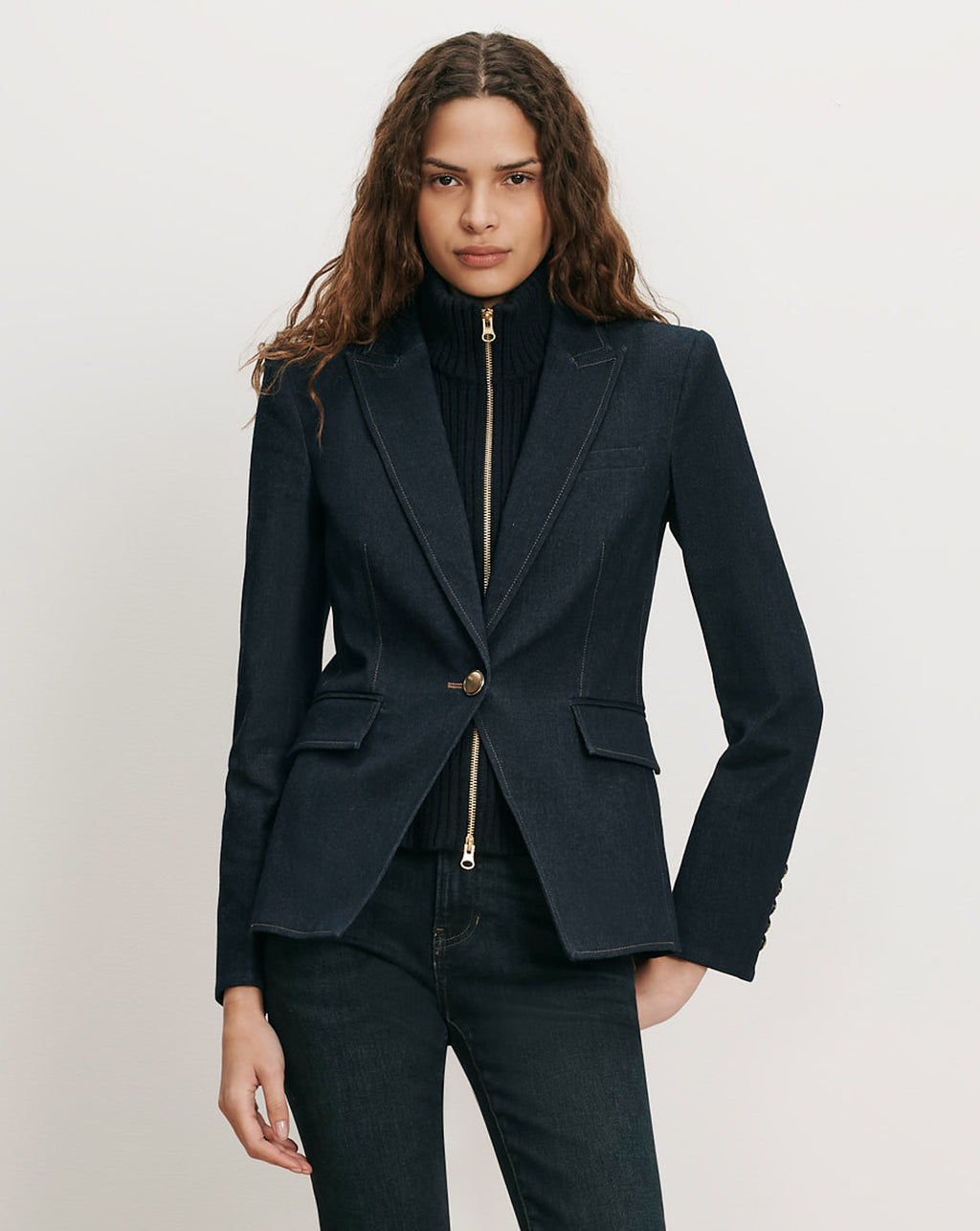 Veronica Beard Navy denim blazer, single-button closure, flap pockets.