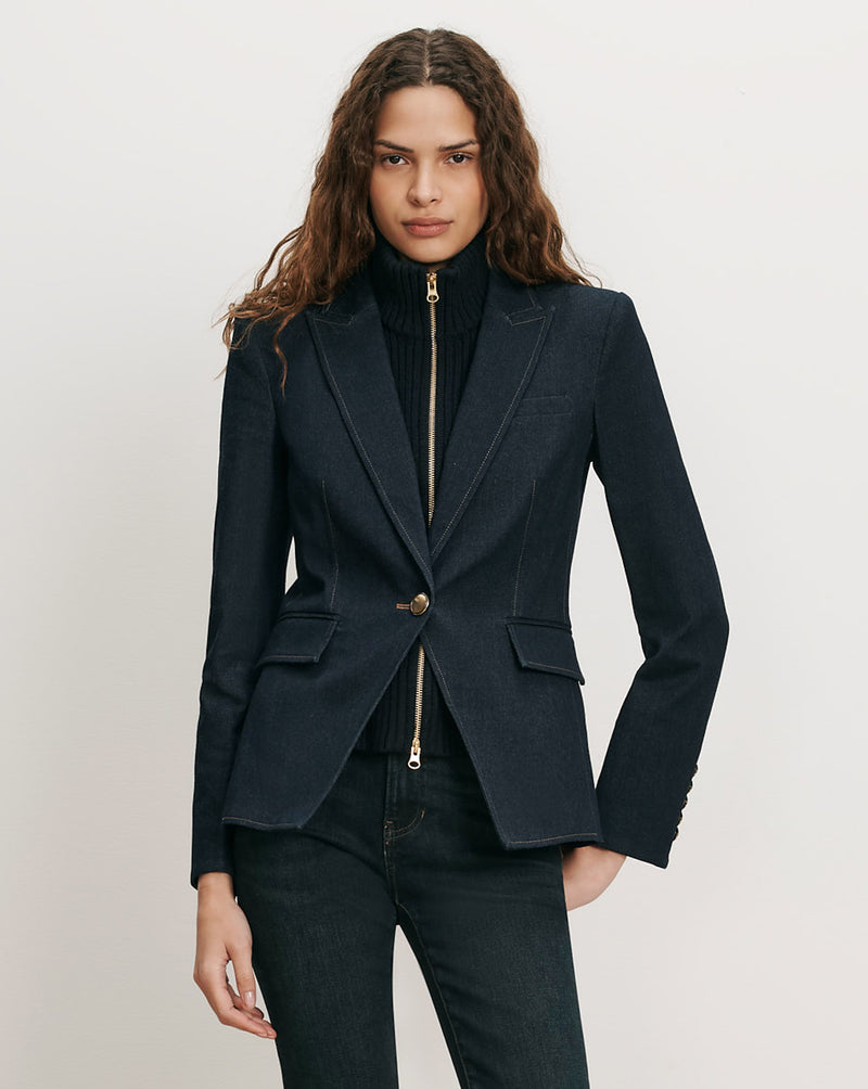 Veronica Beard Navy denim blazer, single-button closure, flap pockets.