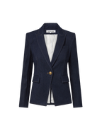 Veronica Beard Navy denim blazer with single gold button closure.