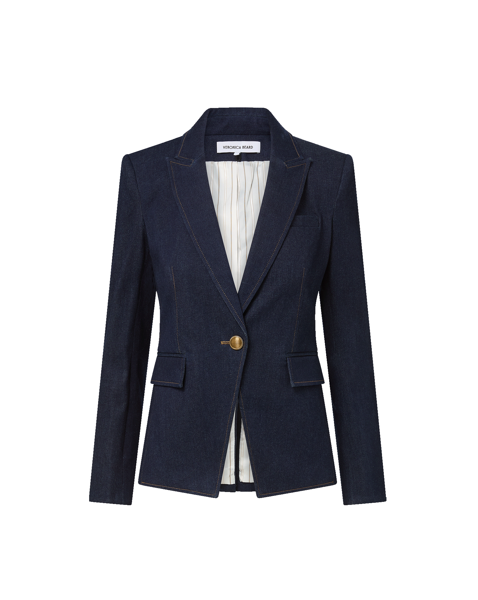 Veronica Beard Navy denim blazer with single gold button closure.