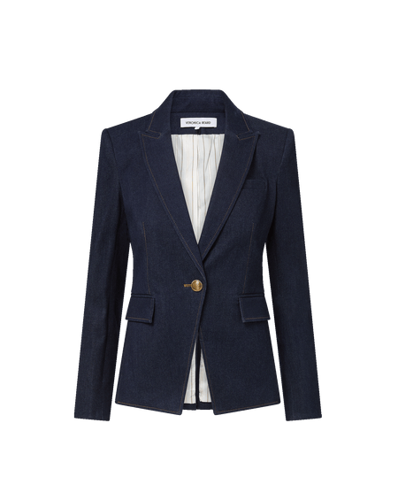 Veronica Beard Dark blue denim blazer with white stitching.