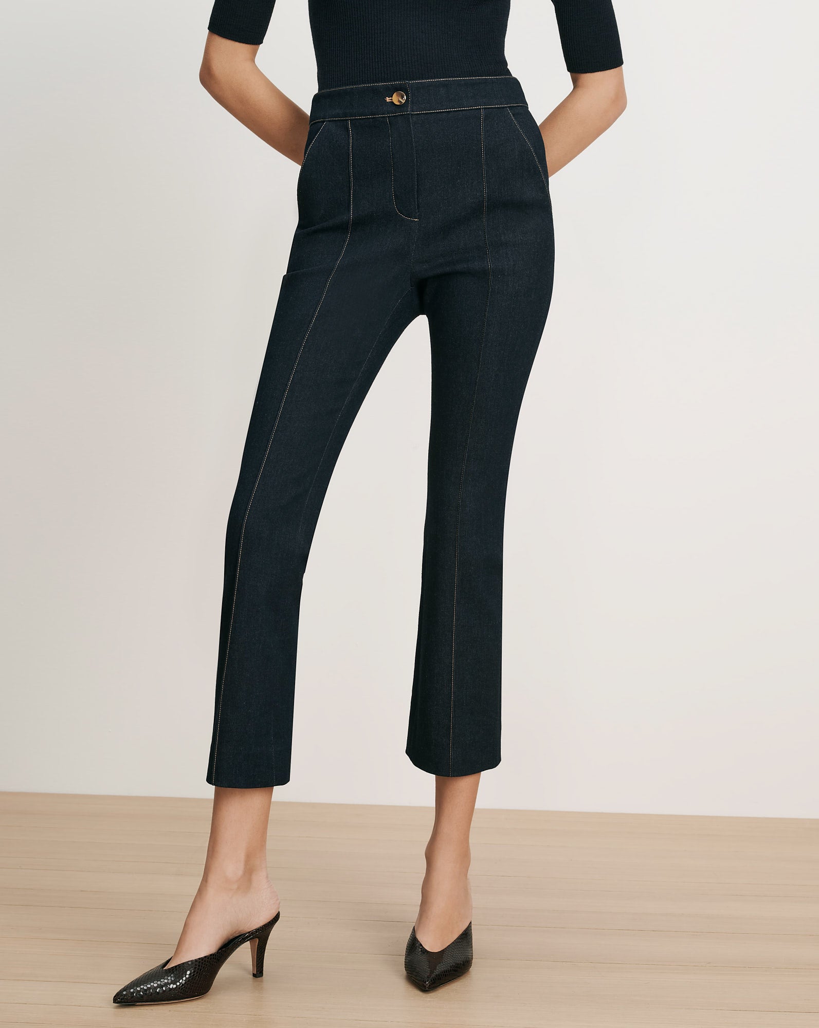 Veronica Beard Dark wash denim cropped flare pants