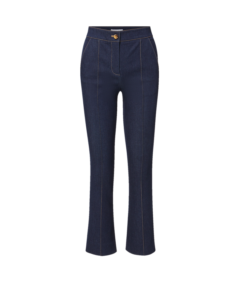 Veronica Beard Dark blue denim cropped flare pants with front seams.