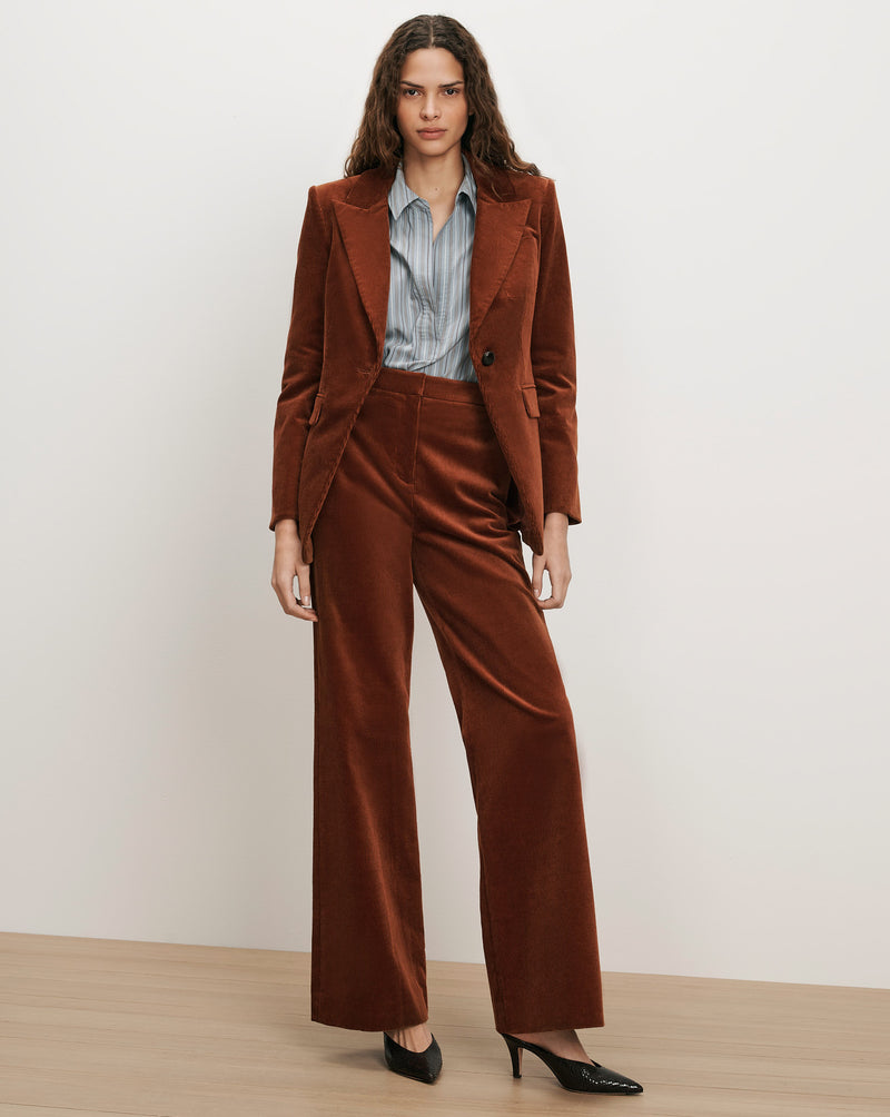 Veronica Beard Brown corduroy suit with striped shirt.