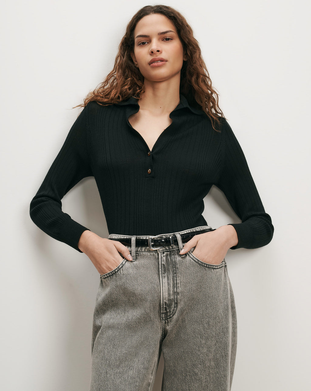 Veronica Beard Black ribbed knit polo shirt