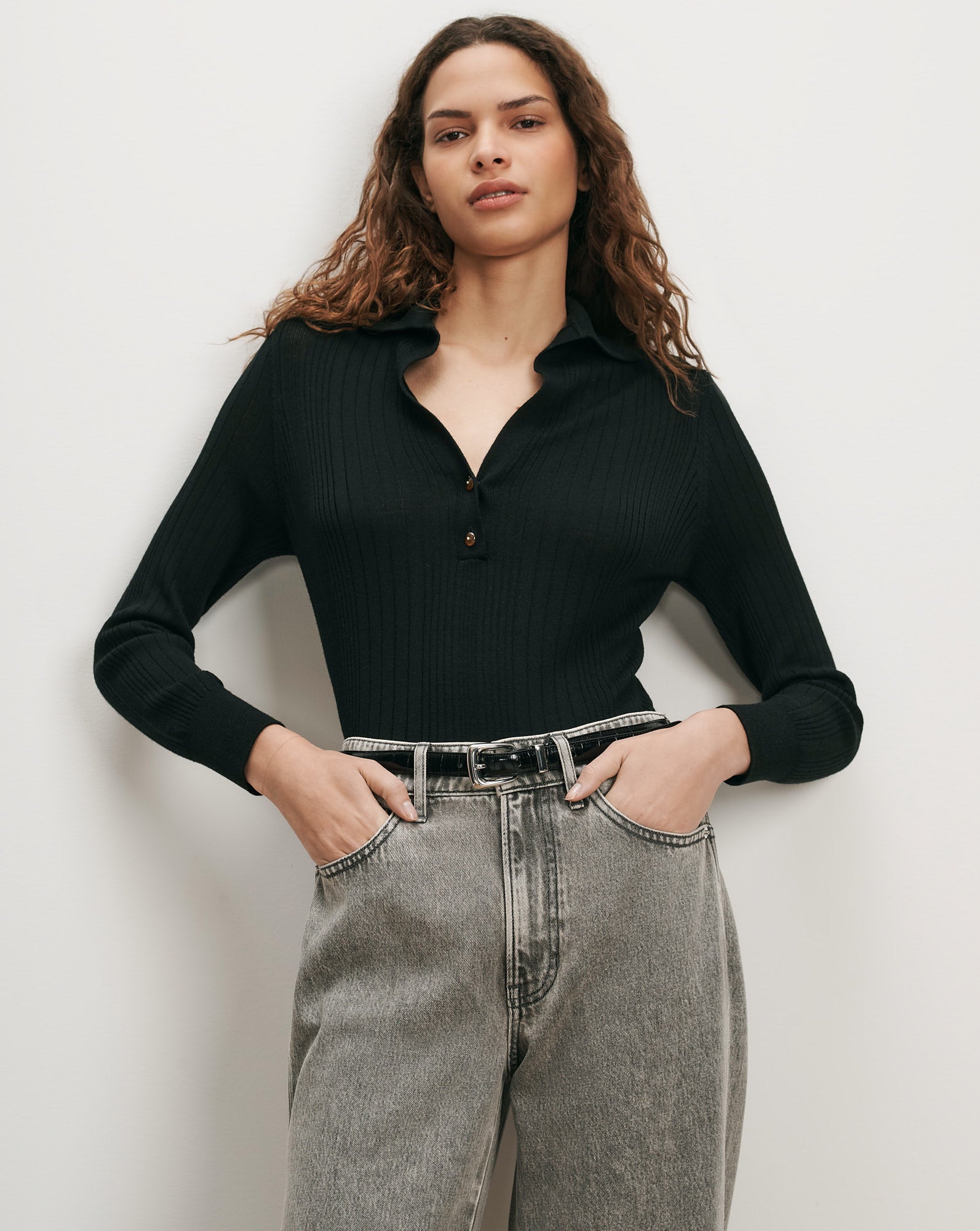 Veronica Beard Black ribbed knit polo shirt