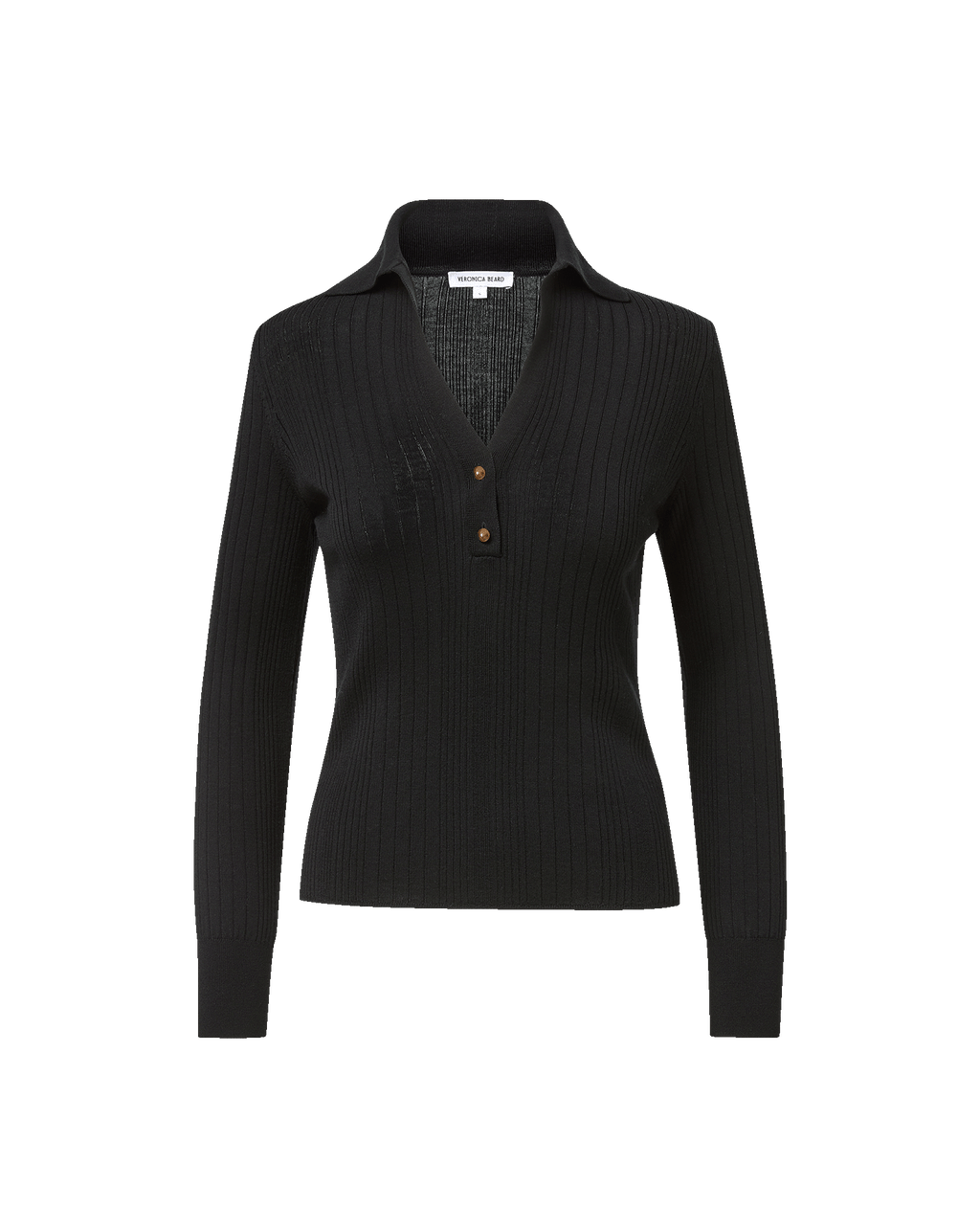 Veronica Beard Black ribbed knit polo sweater with brown buttons.