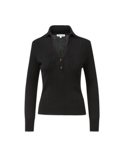 Veronica Beard Black ribbed knit polo sweater with brown buttons.